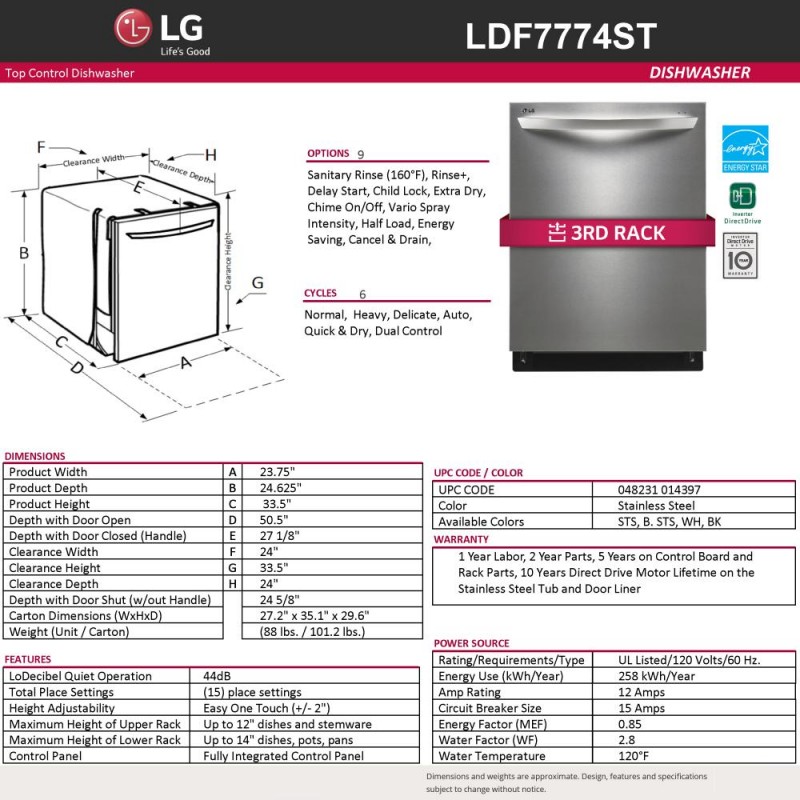 LG LDF7774ST Top Control Dishwasher with 3rd Rack in Stainless Steel ...