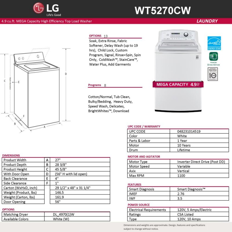WT5270CW by LG - 4.9 cu.ft. MEGA Capacity High Efficiency Top Load Washer