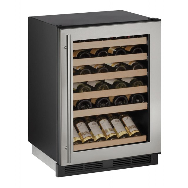 U-Line 1000 Series U1224WCS00A 24 in. Built-In Single Zone Wine Cooler with 48 Bottle Capacity, Both Hinge, Glass Door, 6 Extension Wine Racks, in Stainless Steel