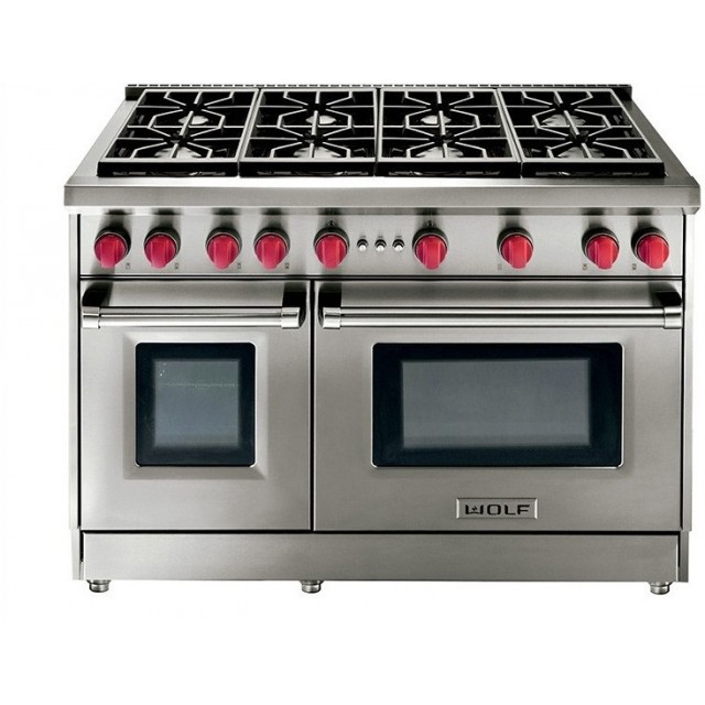 Wolf GR488 48 Inch Pro-Style Gas Range with 4.4 cu. ft. Convection Large Oven, 8 Dual-Stacked Sealed Burners, Infrared Broiler, Continuous Cast-Iron Grates, Red Control Knobs, Island Trim and Star-K Certified: Natural Gas