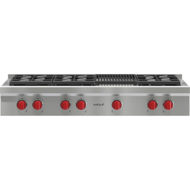Wolf SRT486C 48 Inch Natural Gas Rangetop with Charbroiler, 6 Sealed Burners, Sabbath Mode, Star K Certified in Stainless Steel