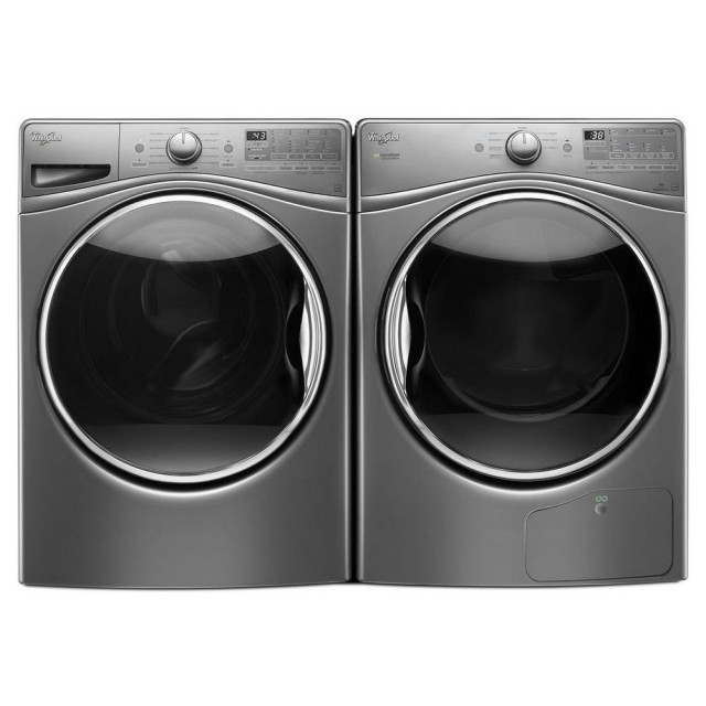 Whirlpool WFW9290FC 4.2 cu. ft. High-Efficiency Stackable Chrome Shadow Front Load Washer & WED9290FC 7.4 cu. ft. 240 -Volt Stackable Chrome Shadow Electric Heat Pump Ventless Dryer