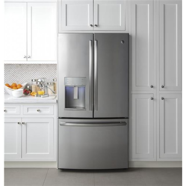 GE PFE28KSKSS Profile 36 Inch Freestanding French Door Refrigerator with 27.77 cu. ft. Total Capacity, 5 Glass Shelves, 9.17 cu. ft. Freezer Capacity in Stainless Steel