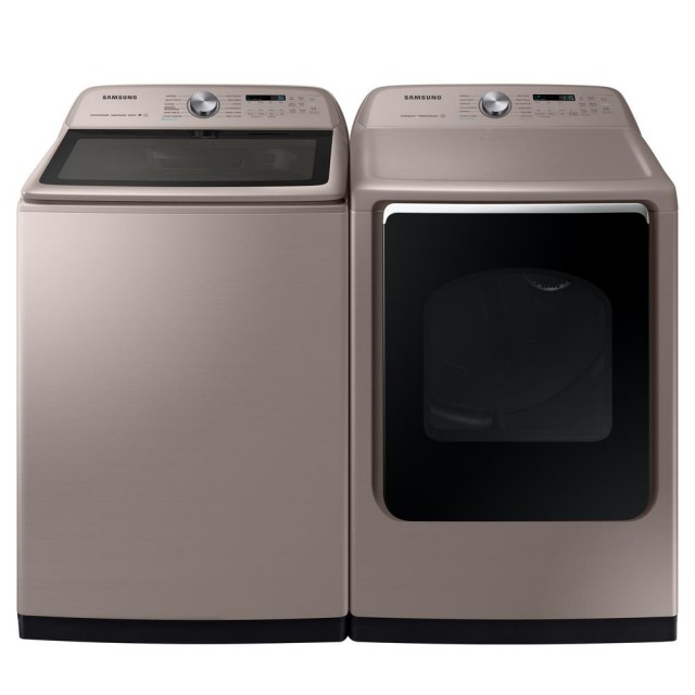 Samsung WA54R7600AC 5.4 cu. ft. High-Efficiency Champagne Top Load Washing Machine and DVG54R7600C 7.4 cu. ft. 120-Volt Champagne Gas Dryer with Steam Sanitize+
