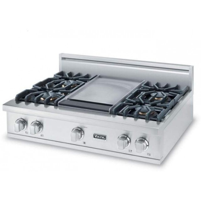 Viking VGRT5364GSSLP 5 Series 36 Inch Rangetop with Griddle, 4 Sealed Burners, SureSpark Ignition System, TruPower Plus, VariSimmer, Liquid Propane, in Stainless Steel