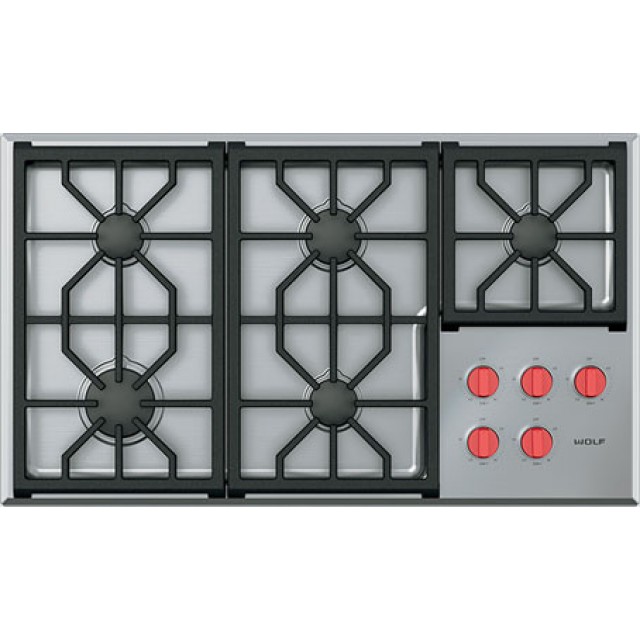 Wolf CG365PS 36 Inch Professional Gas Cooktop with 5 Dual-Stacked Sealed Burners in Stainless Steel