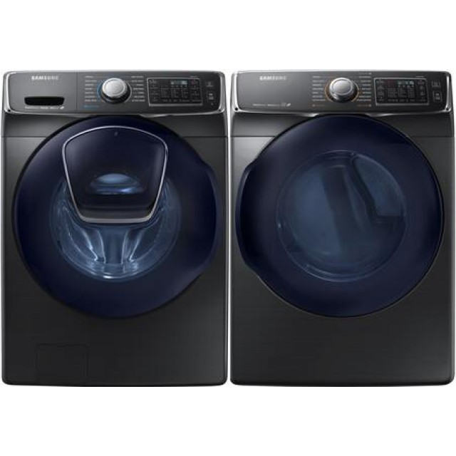 Samsung WF45K6500AV 4.5 cu. ft. High-Efficiency Front Load Washer with Steam and AddWash Door and DV45K6500GV 7.5 cu. ft. Gas Dryer with Steam, Stackable, in Black Stainless Steel