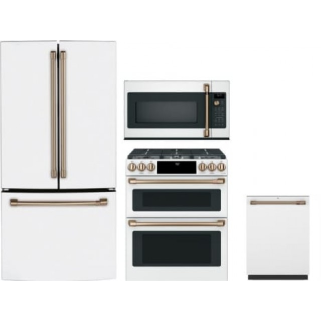 Cafe 4 Piece Kitchen Appliances Package with French Door Refrigerator, Gas Range, Dishwasher and Over the Range Microwave in Matte White
