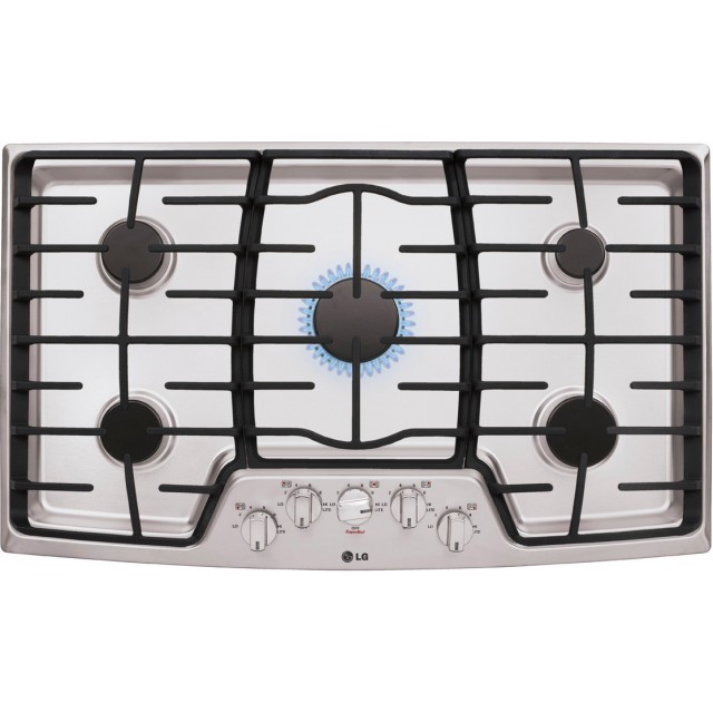 LG LCG3611ST 36 Inch Gas Cooktop with 5 Sealed Burners, Heavy Duty Cast Iron Grates, SuperBoil™, and Front Center Knob Controls: Stainless Steel