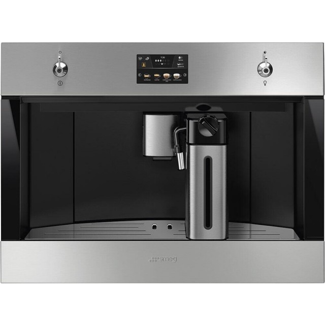 Smeg CMSU4303X Classic Design 24 Inch Built-In Fully Automatic Coffee Machine with Milk Frother, Fingerprint-Proof Stainless Steel, Coffee Beans, Automatic Switch On, Cappuccino, Ground Coffee, Hot Water, Steam Function, Rinsing, and Descaling Function