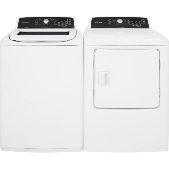 Frigidaire FFTW4120SW 27 Inch Top Load Washer with 4.1 cu. ft. Capacity and FFRG4120SW 27 Inch Gas Dryer with Anti-Wrinkle Option, Reversible Door, 10 Dry Cycles, Quick Dry Cycle, Electronic Controls and 6.7 cu. ft. Capacity in White