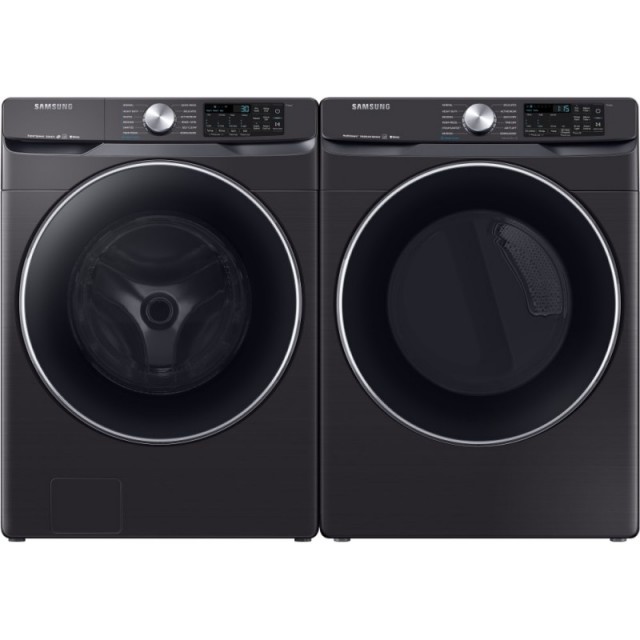 Samsung WF45R6300AV 4.5 cu. ft. Stackable, Front Load, Washing Machine with Steam and Super Speed and DVG45R6300V 7.5 cu. ft. Stackable Gas Dryer with Steam Sanitize+, in Black