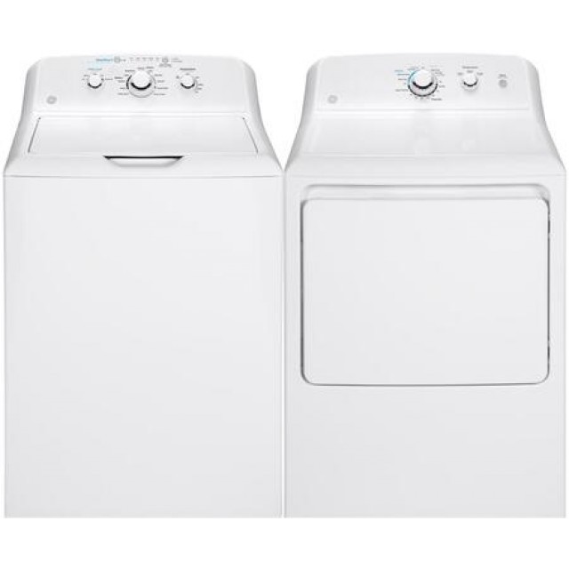 GE GTW335ASNWW 27 Inch Top Load Washer with 4.2 Cu. Ft. Capacity, 11 Wash Cycles, Quick Wash, and  GTX33GASKWW 27 Inch Gas Dryer with 6.2 Cu. Ft. Capacity, 3 Heat Selections, 3 Dry Cycles, Auto Dry, Cottons Cycle, and Easy Care Cycle, in White