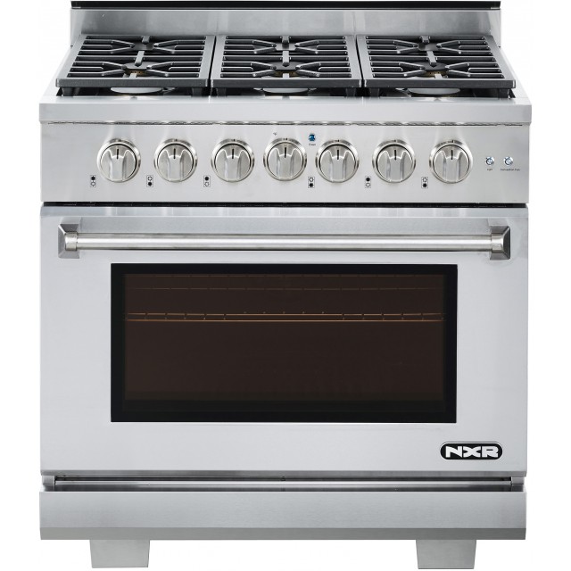 NXR Culinary Series AK3605 36 Inch Professional Gas Range with 6 German Tower Dual Flow Burners, 5.5 Cu. Ft. Oven Capacity, Continuous Cast Iron Grates, Infrared Broiler, 81K BTU Load, Blue Porcelain Interior, Natural Gas