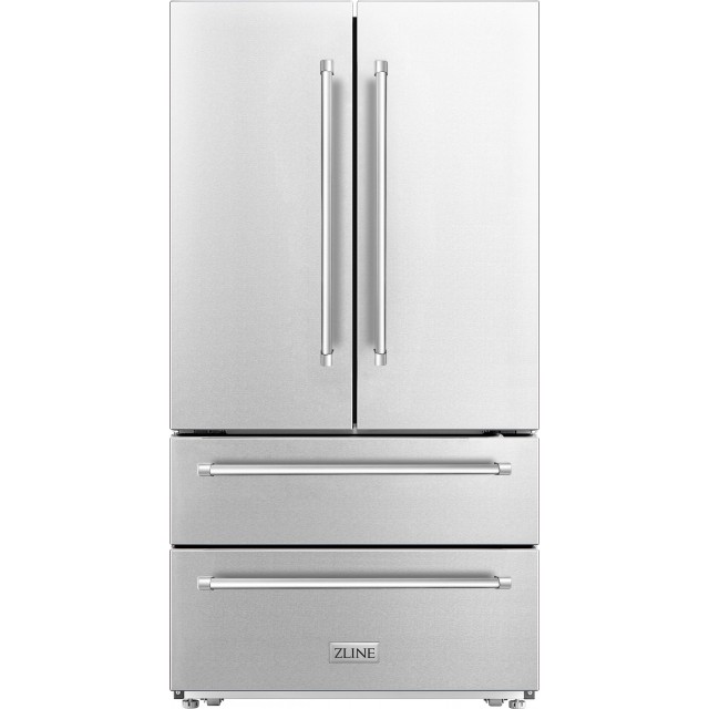 ZLINE RFM36 36 Inch 4-Door Freestanding French Door Refrigerator with 22.5 Cu. Ft Total Capacity, Ice Maker, 2 Freezer Drawers, 4 Adjustable Glass Shelves, 2 Humidity Controlled Crisper Drawers, Interior LED Lighting: Stainless Steel