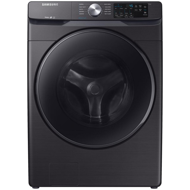 Samsung WF45R6100AV 27 Inch Front Load Washer with 4.5 cu. ft. Capacity, 10 Wash Cycles, 1200 RPM, Steam Cycle, Steam Wash, SmartCare, Self Clean+ in Fingerprint Resistant Black Stainless Steel