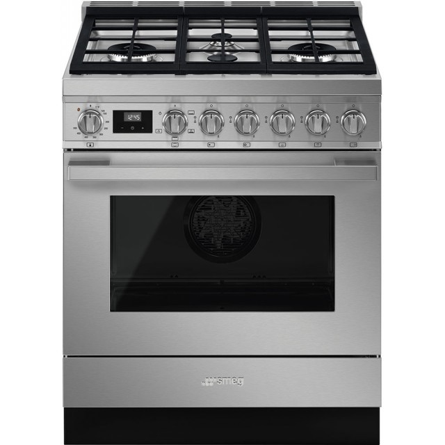 Smeg CPF30UGGX Portofino Series 30 Inch Freestanding All Gas Range with Natural Gas, 4 Sealed Burners, 3.6 cu. ft. Total Oven Capacity, Convection Oven, in Stainless Steel
