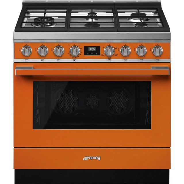 Smeg Portofino CPF36UGGOR 36 Inch Freestanding Professional Gas Range with 5 Sealed Burners, 4.5 Cu. Ft. Oven Capacity, Continuous Grates, Triple Convection and 20,000 BTU Super Burner: Orange