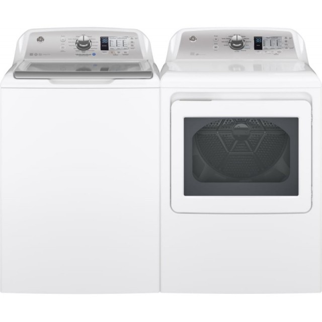 GE GTW680BSJWS 4.6 cu. ft. Top Load Washer and GTD65EBSJWS 27 Inch Electric Smart Dryer with Wi-Fi, Alexa & Google Home Voice Control, 12 Cycles and 7.4 Cu. Ft., in White