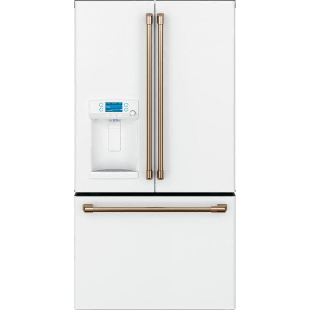 Cafe CYE22TP4MW2 36 Inch Counter Depth French Door Smart Refrigerator with 22.2 Cu. Ft. Capacity, TwinChill™ Evaporators, Wi-Fi, Remote Diagnostics, Hot Water Dispenser, ADA Compliant and ENERGY STAR®: Matte White with Brushed Bronze Handles