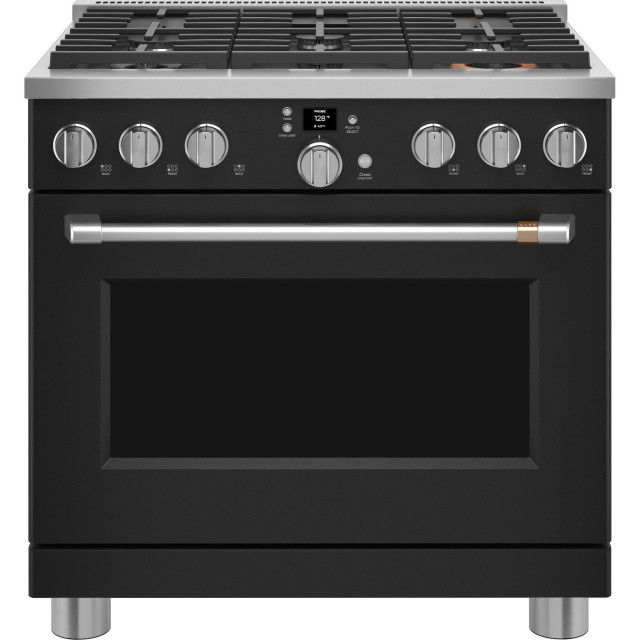 Cafe CGY366P3TD1 Professional Series  36 Inch Smart Professional Gas Range with 6 Sealed Burners, 6.2 cu. ft. Oven Capacity, Convection with Reverse Air, Temperature Probe, Steam Clean, Wi-Fi, Multi-Ring Burner, CSA, and ADA Compliant: Matte Black