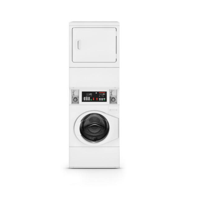 Speed Queen SV6000WG 27 Inch Commercial Gas Vented Stacked Dryer on Washer Laundry Center with 3.42 cu. ft. Washer Capacity, 7 cu. ft. Dryer Capacity, Automatic Balancing Suspension System in White