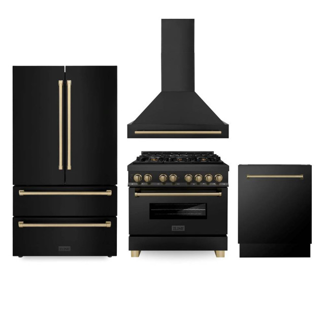 ZLINE 4AKPR-RABRHDWV36-CB Autograph Package - 36 In. Dual Fuel Range, Range Hood, Refrigerator, and Dishwasher in Black Stainless Steel with Champagne Bronze Accents