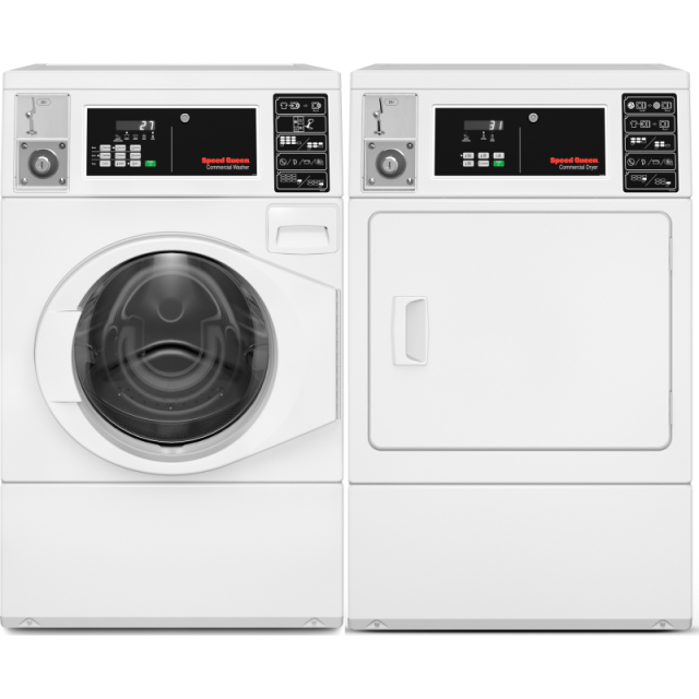 Speed Queen FV6010WN 27 Inch Commercial Front Load Washer with 3.42 cu. ft. Capacity, 1200 RPM and DV6010WG 27 Inch Commercial Gas Vented Single Pocket Dryer with 7 cu. ft. Capacity, Reversible Side Swing Door, in White