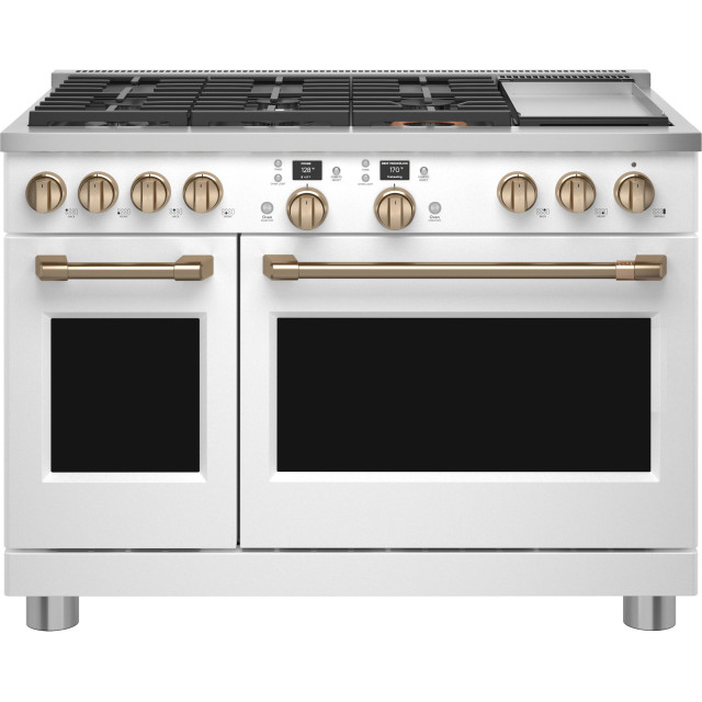 Cafe Professional Series C2Y486P4TW2 48 Inch Smart Professional Dual Fuel Range with 6 Sealed Burners, Double Oven, 8.25 Cu. Ft. Total Capacity, True Convection with Reverse Air, Self Clean+Steam Option, Wi-Fi, Tri-Ring Burner: Matte White