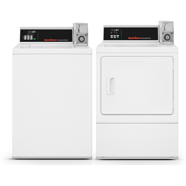 Speed Queen TV6000WN 26 Inch Commercial Top Load Washer with 3.19 cu. ft. Capacity and DV6000WG Coin Operated, Gas Vented Dryer with 7 cu. ft. Capacity in White   