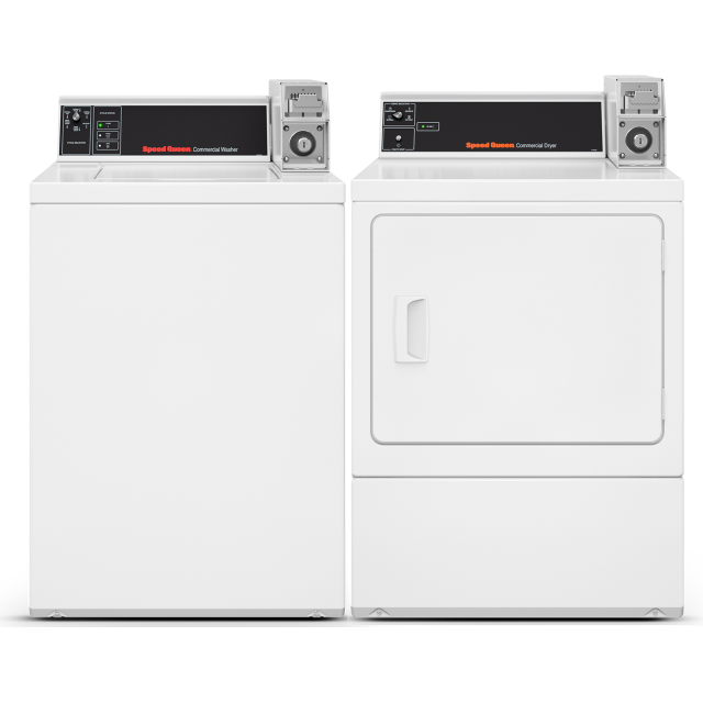 Speed Queen TV4000WN Commercial Coin Operated Top Load Washer and DV4000WG Light Commercial, Coin Slide,  Rear Control, Top Load, Gas Dryer in White