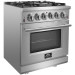 Forno FFSGS623930 30 Inch All Gas Range, 5 Sealed Burners, 4.32 cu. ft. Total Oven Capacity, Convection Oven, Viewing Window, Continuous Grates, Convection Cooking, Sealed Burners, Halogen Lighting, Continuous Cast Iron Grates, in Stainless Steel