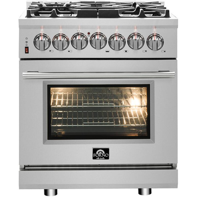Forno FFSGS612530 30 Inch Dual Fuel Range with Natural Gas, 5 Sealed Burners, 4.32 cu. ft. Total Oven Capacity, Convection Oven, Continuous Grates, Viewing Window, Sealed Burners, Halogen Lighting, Continuous Cast Iron Grates in Stainless Steel