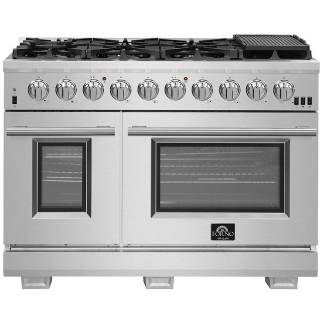 Forno FFSGS618748 Capriasca Gas Range with 240V Electric Oven, Sealed Burners, True Convection Oven, Cast Iron Continuous Grate, Italian Defendi Burners, Triple Layered Glass Door, Wok Ring, Rotisserie Kits and ETL Listed: 48" Stainless Steel