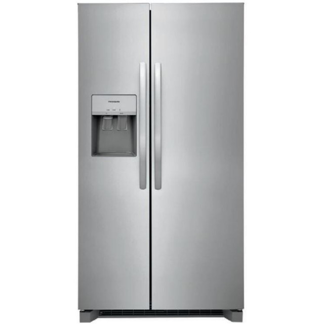 Frigidaire FRSC2333AS 36 Inch Freestanding Counter Depth Side by Side Refrigerator with 22.2 cu. ft. Capacity, Glass Shelves, External Water Dispenser, Ice Maker, EvenTemp Cooling System, Door Ajar Alarm, NSF Certified, UL/cUL Listed in Stainless Steel