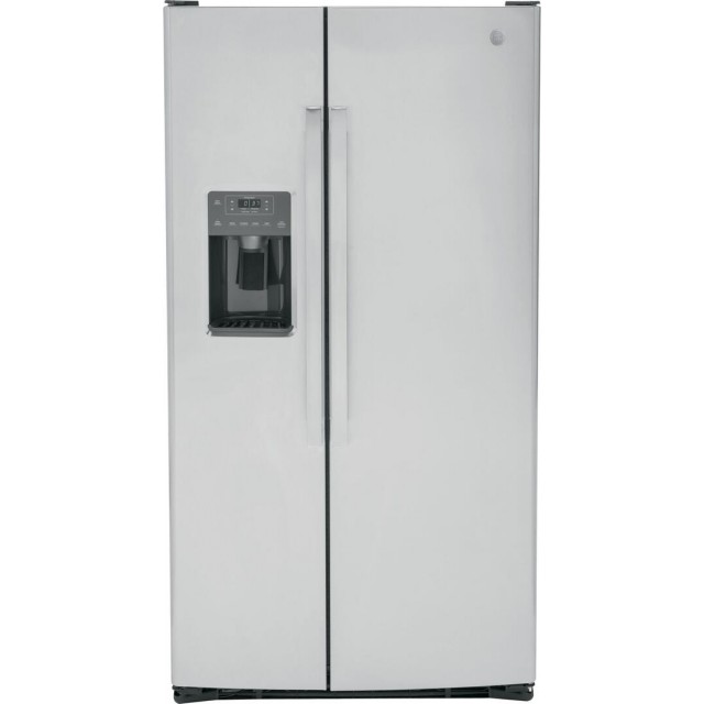 GE GSS25GYPFS 36 Inch Side by Side Refrigerator with 25.3 cu. ft. Capacity, 4 Glass Shelves, External Water Dispenser, Crisper Drawer, Ice Maker, Ice and Water Dispenser, Door Alarm in Stainless Steel