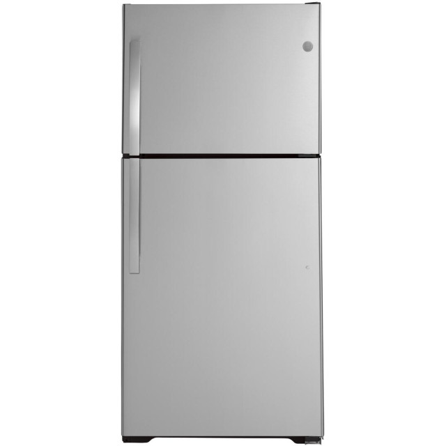 GE GTS19KYNRFS 30 Inch Top Freezer Refrigerator with 19.1 cu. ft. Total Capacity, 2 Glass Shelves, 5.57 cu. ft. Freezer Capacity, Right Hinge with Reversible Doors, Frost Free Defrost, Fingerprint Resist, in Fingerprint Resistant Stainless Steel