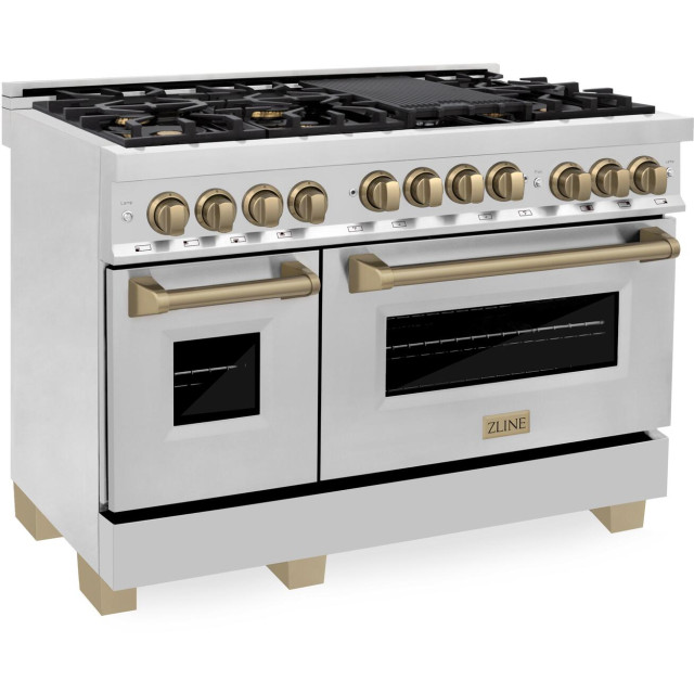 ZLINE RGZ48CB Autograph Edition Series 48 in. 6.0 cu. ft. Double Oven Gas Range with Gas Stove and Gas Oven in Stainless Steel with Champagne Bronze Accents
