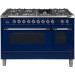 ILVE UPN120FDMPBLX Nostalgie Series 48 Inch Dual Fuel Range with Natural Gas, 7 Sealed Brass Burners, Double Ovens, 4.99 cu. ft. Total Oven Capacity, Griddle, Oven: Defrost Function, Interchangeable Griddle with Burner Grate in Blue with Chrome Trim