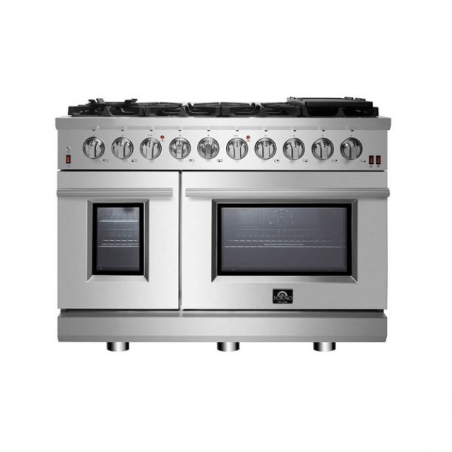 Forno FFSGS623948 48 Inch All Gas Range, 8 Sealed Burners, Grill, Griddle, Double Ovens, 6.58 cu. ft. Total Oven Capacity, Convection Oven, Viewing Window, Continuous Grates, Convection, Sealed Burners, Iluminated Zinc Knobs in Staless Steel