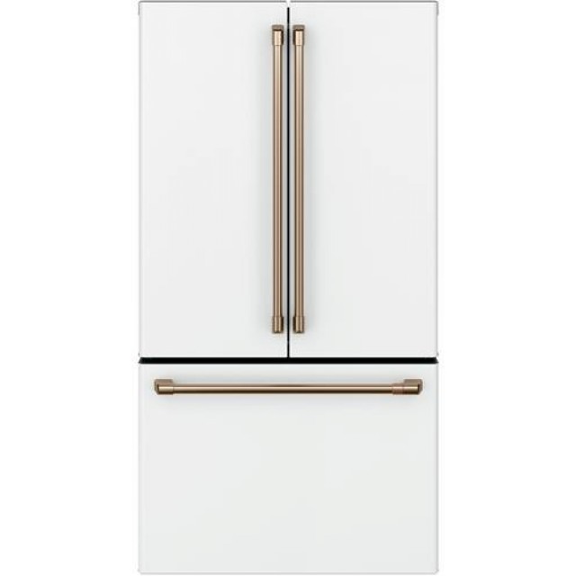 Cafe CWE23SP4MW2 36 Inch Counter Depth French Door Smart Refrigerator with 23.1 Cu. Ft. Capacity, TwinChill™ Evaporators, Temperature-Controlled Drawer, Wi-Fi, Internal Water\Ice Dispenser, and ENERGY STAR®: Matte White with Brushed Bronze Handles
