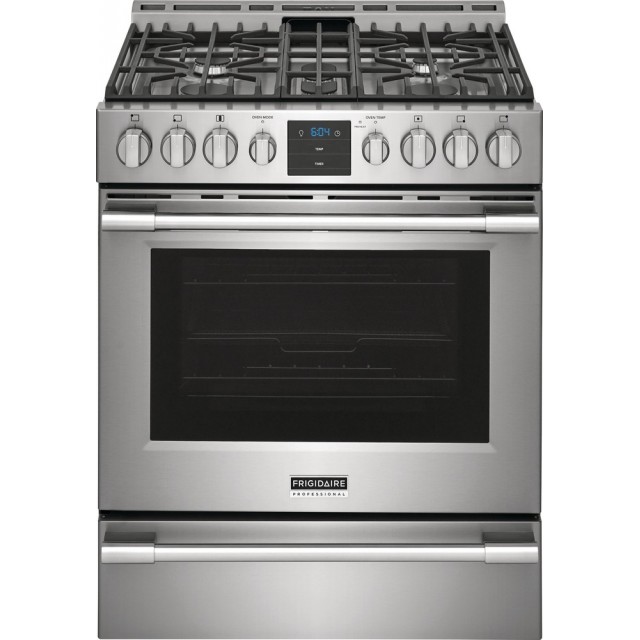 Frigidaire PCFG3078AF Professional Series 30 Inch Gas Range with 5 Sealed Burners, 5.6 Cu. Ft. Oven Capacity, Storage Drawer, Continuous Grates, Air Fry, True Convection, Quick Preheat, Self Clean, Griddle, Quick Boil Burner, in Stainless Steel