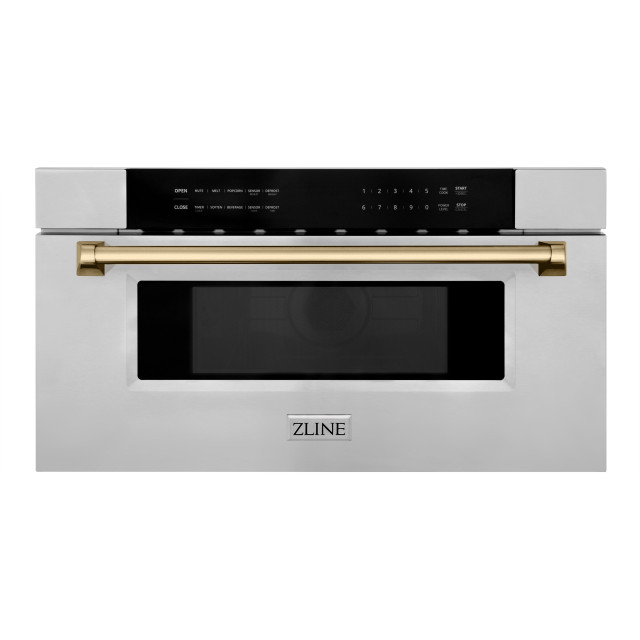 ZLINE Autograph Edition MWDZ30CB 30 Inch Microwave Drawer with 1.2 cu. ft. Capacity, 10 Power Levels, Intuitive Control Panel, Auto-touch Open and Close, Melt Feature, Defrost Feature, Popcorn Feature: Stainless Steel with Champagne Bronze Accents