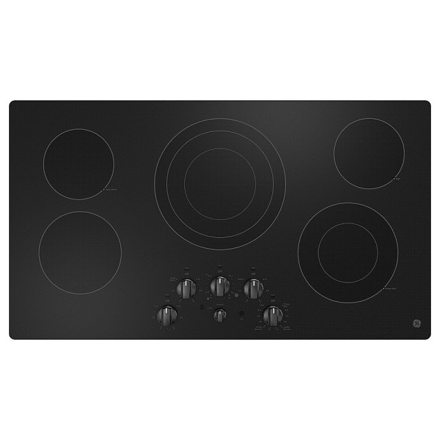 GE JEP5036DTBB 36 Inch Electric Cooktop with 5 Elements, Smooth Glass Surface, Dual/Tri Ring Element, Power Boil, Keep Warm, Melt Setting, Control Lock, Hot Surface Indicator, Knob Controls, Fit Guarantee, and ADA Compliant, in Black