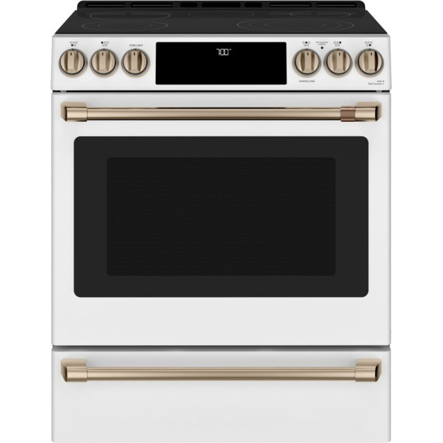 Cafe CES700P4MW2 30 Inch Slide-In Electric Smart Range with 5 Radiant Elements, 5.7 Cu. Ft. Oven Capacity, Warming Drawer, Steam Clean, Self-Clean, True European Convection, Enhanced Shabbos Mode Capable, UL Listed, and ADA Compliant: Matte White