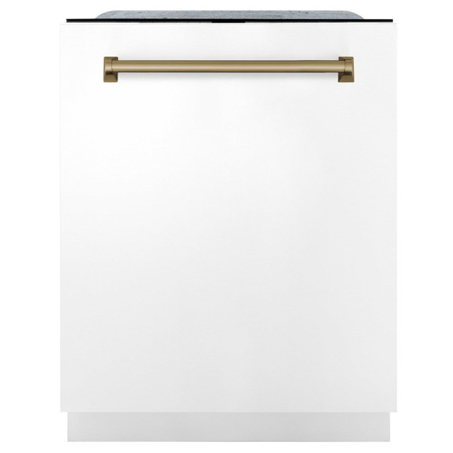 ZLINE DWMTZ-WM-24-CB Autograph Edition 24 in. Monument Series 3rd Rack Top Touch Control Tall Tub Dishwasher in White Matte with Champagne Bronze Handle, 45dBa