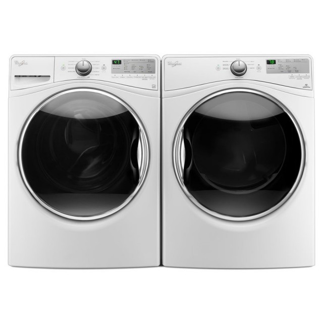 Whirlpool WFW8540FW 4.5 cu ft High-Efficiency Stackable Front-Load Washer and Whirlpool WGD8540FW 7.4 cu. ft. Stackable Gas Dryer with Steam Cycle in White