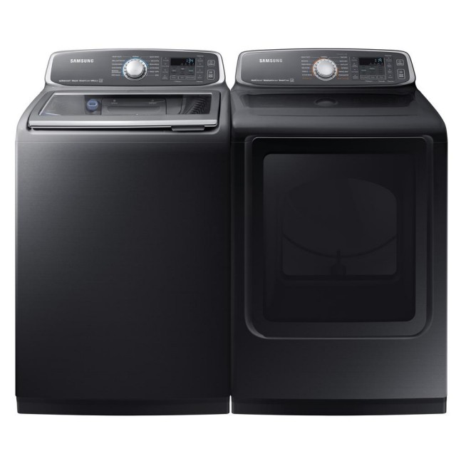 Samsung WA52M7750AV 5.2 cu. ft. High-Efficiency Top Load Washer with Steam and Activewash and Samsung DVG52M7750V 7.4 cu. ft. Gas Dryer with Steam in Black Stainless, ENERGY STAR