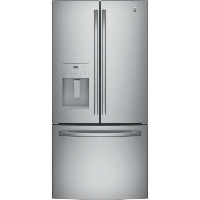 GE GYE18JSLSS 33 W 17.5 cu. ft. Counter-Depth French-Door Refrigerator and JT3500SF5SS 30" Built-In Double Wall Oven or JT1000SFSS 30 in. Single Electric Wall Oven Standard Cleaning with Steam in Stainless Steel 