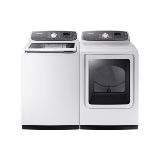Samsung WA52M7750AW 5.2 cu. ft. High-Efficiency Top Load Washer with Steam and Activewash and DVG52M7750W 7.4 cu. ft. Gas Dryer with Steam in White, ENERGY STAR